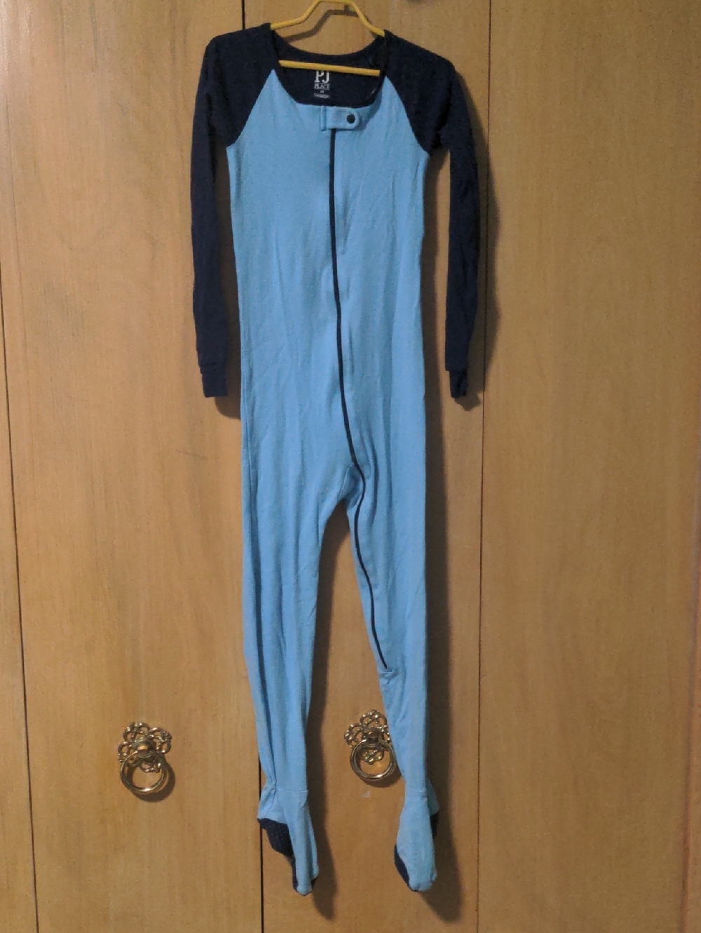 Kids Light Blue and Navy Contrast Snap-Front Zipper Footed Pajama Footsie